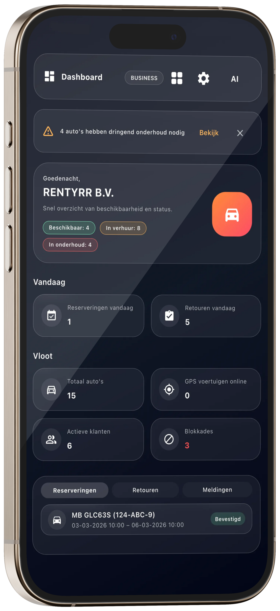 RENTYRR dashboard op een mobiele telefoon